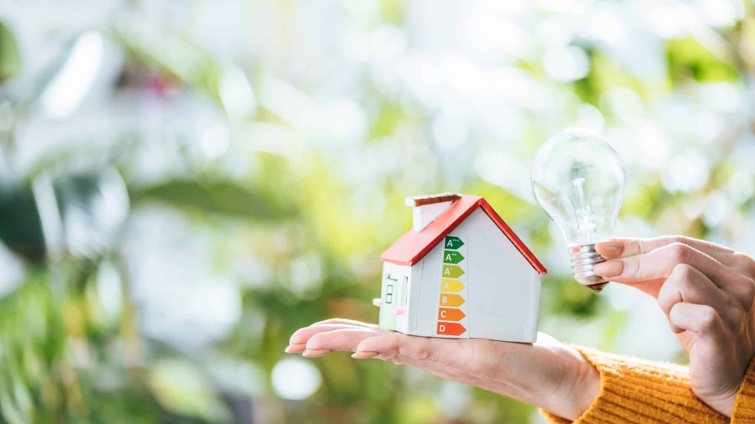 cropped view of led lamp and carton house model in woman hands, energy efficiency at home concept